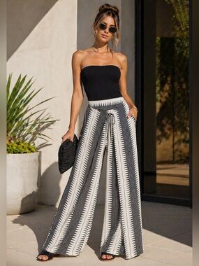 Elan Wide Leg Wrap Pants Size Large Black & White Textured Crepe Boho Resort